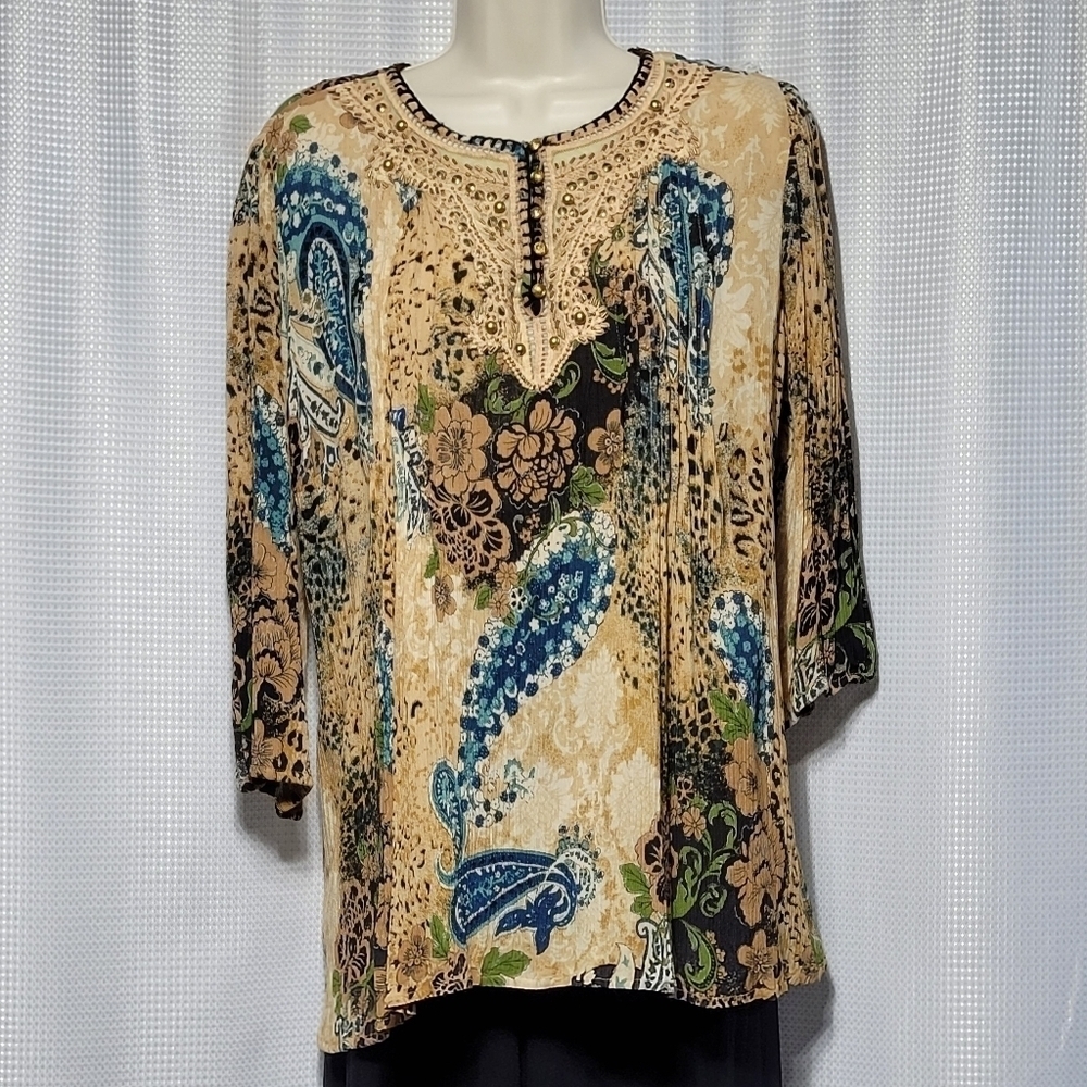 80s VTG Dress Barn Beads Lace Gauze Floral Paisley Blues Browns Pop Over Top (L)